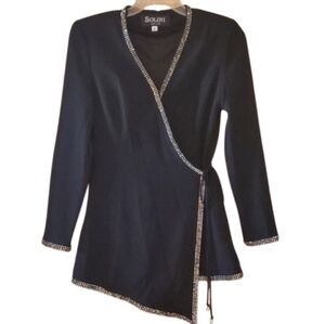 Solini Womans Vintage‎ Black Tie Wrap Blazer Top With Crystal Rhinestones Size 4
